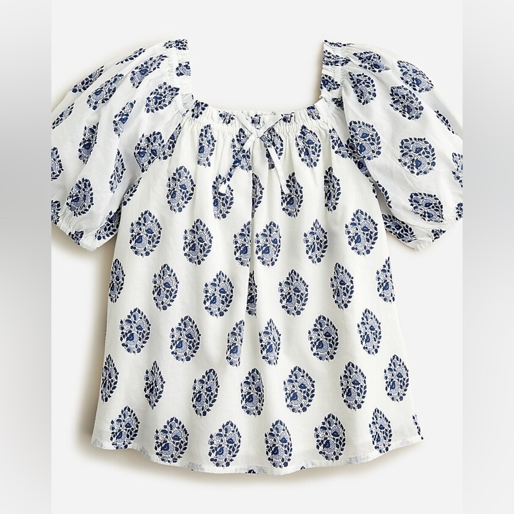 J. Crew Crewcuts Girls Puff Sleeve Top Floral Size 12 White Blue